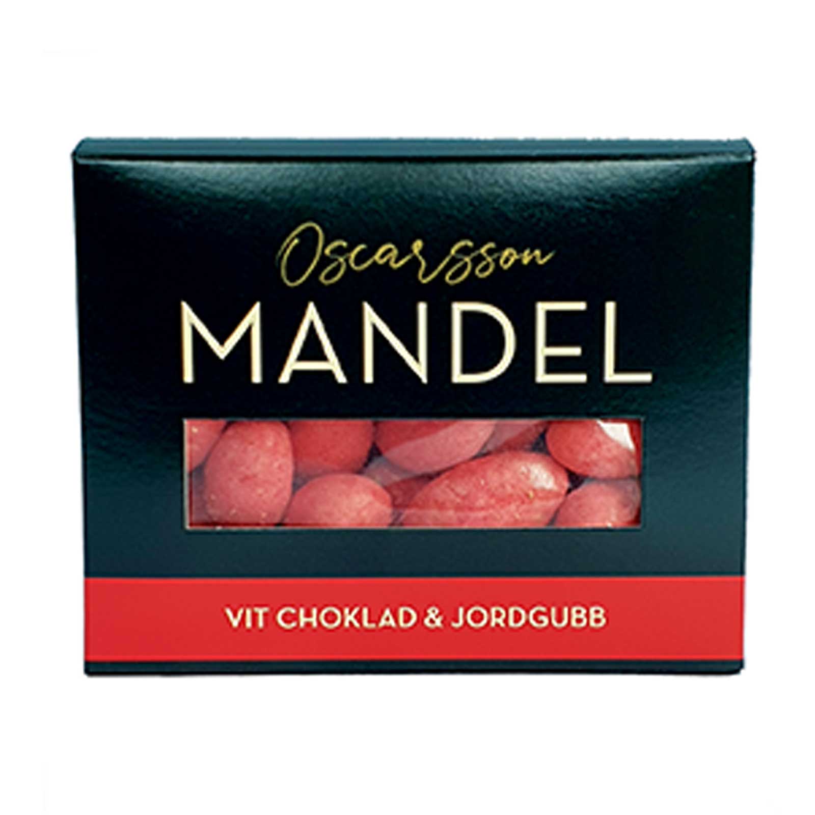 Mandel doppad i vit choklad med jordgubbssmak